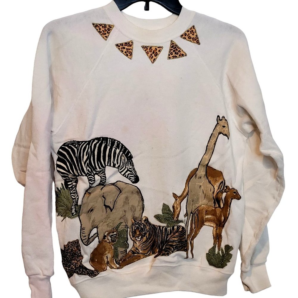 Vintage Sweatshirt Painted Animals Puff Paint Safari 80s Retro Name on Sleeve